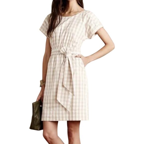 Anthropologie HD in Paris Beige Neutral Cream Gingham Belted Poplin Sheath Dress - Picture 1 of 15